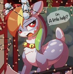 Size: 2772x2811 | Tagged: safe, artist:nookprint, derpibooru import, rainbow dash, deer, reindeer, bandaid, bell, bell collar, blue coat, christmas, christmas lights, collar, deer tail, female, holiday, looking at you, mare, mistletoe, open mouth, pale belly, red eyes, reindeer dash, reindeerified, solo, species swap, speech bubble, stuck, tail, talking to viewer, tangled up