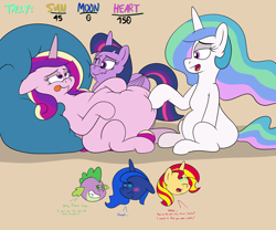 Size: 4604x3837 | Tagged: safe, artist:rupertbluefox, derpibooru import, princess cadance, princess celestia, princess luna, spike, sunset shimmer, twilight sparkle, alicorn, dragon, pony, unicorn, series:sunsmoons&heartbellyballoons, bedroom eyes, chibi, chubby, dialogue, fat, fat fetish, female, fetish, grin, incentive drive, luna is not amused, male, missing accessory, missing cutie mark, nervous, nervous grin, poking, princess decadence, smiling, squishy cheeks, this will end in weight gain, tongue, tongue out, unamused