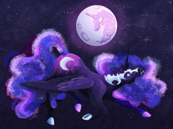 Size: 2048x1535 | Tagged: safe, artist:pink lemonade, derpibooru import, nightmare moon, alicorn, pony, fangs, female, full moon, hoers, mare, mare in the moon, moon, night, solo, starry night, stars, wings