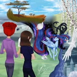 Size: 1300x1300 | Tagged: safe, artist:avroras_world, derpibooru import, oc, oc only, human, city, ethereal mane, female, flying, galaxy mane, helicopter, mare, tree