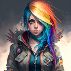 Size: 1024x1024 | Tagged: safe, derpibooru import, editor:nevereverevr, generator:midjourney, machine learning generated, rainbow dash, human, clothes, female, humanized, jacket, looking at you