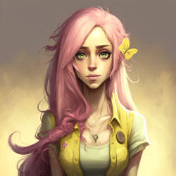 Size: 1024x1024 | Tagged: safe, derpibooru import, editor:nevereverevr, generator:midjourney, machine learning generated, fluttershy, human, humanized, jewelry, necklace