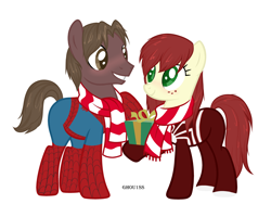 Size: 3740x2815 | Tagged: safe, artist:ghou1ss, derpibooru import, earth pony, pony, adorkable, blushing, bravery, caeoperiaka, christmas, clothes, commission, compassion, courage, devotion, dork, duo, enhanced dexterity, female, freckles, grin, heart, holiday, hope, integrity, jujutsuka, karateka, kickboxers, kindness, krav maga fighters, kung fu fighters, looking at each other, looking at someone, love, loyalty, male, mare, marvel, mary jane watson, peter parker, ponified, present, raised hoof, raised leg, responsibility, scarf, simple background, smiling, spider-man, spider-woman, stallion, straight, striped scarf, super strength, superhero, superhero costume, unshorn fetlocks, white background, ych result