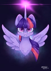 Size: 764x1063 | Tagged: safe, artist:klv2500, derpibooru import, twilight sparkle, twilight sparkle (alicorn), alicorn, pony, bust, chest fluff, female, glowing, glowing horn, grin, horn, mare, signature, smiling, solo, spread wings, wings