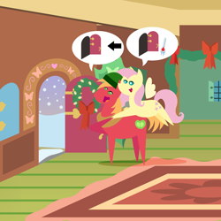 Size: 2160x2160 | Tagged: safe, anonymous artist, derpibooru import, big macintosh, fluttershy, earth pony, pegasus, pony, series:fm holidays, series:hearth's warming advent calendar 2022, advent calendar, christmas, female, fluttermac, fluttershy's cottage, hat, high res, holiday, hug, hug from behind, lineless, looking at each other, looking at someone, looking into each others eyes, male, mare, open mouth, open smile, pictogram, pointy ponies, shipping, smiling, snow, stallion, straight, thermometer, winter