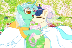 Size: 1860x1251 | Tagged: safe, artist:memengla, derpibooru import, bon bon, lyra heartstrings, sweetie drops, earth pony, pony, unicorn, bouquet, clothes, colored pupils, crying, dress, eyes closed, female, flower, flower in hair, lesbian, looking at someone, lyrabon, mare, marriage, open mouth, open smile, shipping, smiling, tears of joy, veil, wedding, wedding dress, wedding veil