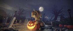 Size: 1920x817 | Tagged: safe, artist:the1lfo, derpibooru import, oc, oc only, oc:skivvy, pony, unicorn, 3d, blender, commission, complex background, ears, floppy ears, gravestone, halloween, holiday, jack-o-lantern, moon, night, nightmare night, pumpkin, solo, streetlight, tree, ych result