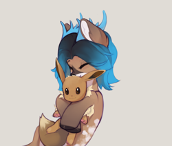 Size: 3078x2610 | Tagged: safe, derpibooru import, oc, oc only, oc:alune, deer, deer pony, original species, cute, deer oc, eevee, hug, non-pony oc, plushie, pokémon, simple background, solo