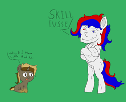 Size: 2724x2212 | Tagged: safe, artist:bosscakes, derpibooru import, oc, oc only, oc:bosscakes, oc:skivvy, earth pony, pony, unicorn, bipedal, funny, green background, simple background