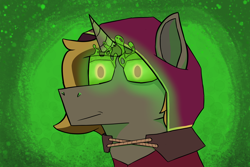 Size: 3000x2000 | Tagged: safe, artist:bosscakes, derpibooru import, oc, oc:skivvy, pony, unicorn, glowing, glowing eyes, green background, green eyes, hood, necromancer, simple background, solo