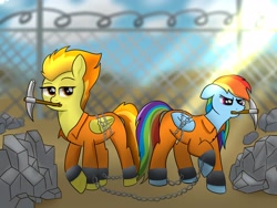 Size: 3200x2400 | Tagged: safe, artist:cobaltskies002, derpibooru import, rainbow dash, spitfire, pegasus, pony, chains, clothes, commission, commissioner:rainbowdash69, fence, never doubt rainbowdash69's involvement, pickaxe, prison outfit, prisoner, prisoner rd, rock