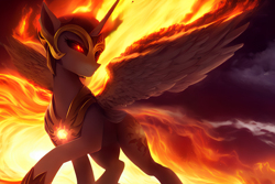 Size: 2112x1408 | Tagged: safe, derpibooru import, editor:mr-bat, generator:stable diffusion, machine learning generated, daybreaker, alicorn, armor, breastplate, closed mouth, crown, feathered wings, fiery mane, fiery tail, fiery wings, fire, glowing, glowing eyes, horn, jewelry, mane of fire, plate armor, raised hoof, raised leg, regalia, slim, smoke, solo, spread wings, white body, wings