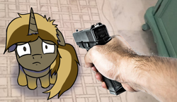 Size: 1314x760 | Tagged: safe, artist:bosscakes, derpibooru import, oc, oc:skivvy, human, pony, unicorn, abuse, ears, fear, floppy ears, funny, gun, hand, handgun, pistol, sitting, solo, threatening, weapon