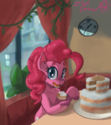 Size: 3644x4081 | Tagged: safe, artist:zlatdesign, derpibooru import, pinkie pie, earth pony, pony, cake, cake slice, chest fluff, clock, curtains, ear fluff, ears, eating, eyelashes, female, food, frosting, happy, happy face, hooves, looking at you, mare, open mouth, plant, restaurant, table, tasty, window