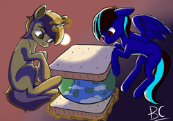 Size: 996x697 | Tagged: safe, artist:bosscakes, derpibooru import, oc, oc:skivvy, pegasus, pony, unicorn, bread, earth, food, glowing, glowing horn, horn, meme, planet, sandwich