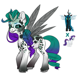 Size: 1180x1180 | Tagged: safe, artist:crumbelinadicarmello, derpibooru import, queen chrysalis, rarity, changeling, changeling queen, pony, g4, avatar maker fantasy pony, black sclera, braid, coat markings, dappled, evil, evil grin, female, fusion, green mane, grin, horn, multicolored mane, multiple horns, purple mane, simple background, smiling, solo, spots, transparent background, unshorn fetlocks, wings