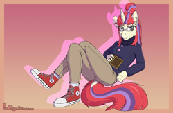 Size: 2000x1304 | Tagged: safe, artist:punk-pegasus, derpibooru import, moondancer, anthro, unicorn, book, clothes, converse, crossed legs, dock, eyebrows, female, glasses, gradient background, looking at you, lying down, on back, pants, shoes, signature, smiling, smiling at you, solo, sweater, tail