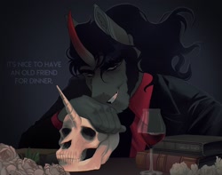 Size: 2048x1617 | Tagged: safe, artist:ghoulhowls, derpibooru import, king sombra, anthro, unicorn, alcohol, book, dialogue, flower, glass, implied cannibalism, looking at you, rose, simple background, skull, smiling, smiling at you, wine, wine glass