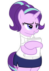 Size: 4500x6496 | Tagged: safe, artist:mlpmvguy, derpibooru import, starlight glimmer, pony, unicorn, absurd resolution, alternate hairstyle, bedroom eyes, bipedal, clothes, cute, female, glimmer glutes, glimmerbetes, lidded eyes, mare, miniskirt, paper, simple background, skirt, smiling, solo, suit, the ass was fat, transparent background, wide hips