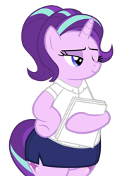 Size: 4500x6496 | Tagged: safe, artist:mlpmvguy, derpibooru import, starlight glimmer, pony, unicorn, absurd resolution, alternate hairstyle, bedroom eyes, bipedal, clothes, cute, female, glimmer glutes, glimmerbetes, lidded eyes, mare, miniskirt, one eye closed, paper, simple background, skirt, smiling, solo, suit, the ass was fat, transparent background, wide hips, wink