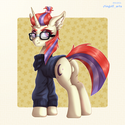 Size: 3000x3000 | Tagged: safe, artist:ingolf arts, derpibooru import, moondancer, pony, unicorn, the cutie re-mark, butt, clothes, cute, dancerbetes, dock, featureless crotch, female, glasses, high res, horn, looking at you, mare, plot, simple background, solo, stars, sweater, tail