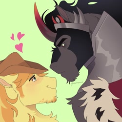 Size: 2000x2000 | Tagged: safe, artist:ghoulhowls, derpibooru import, braeburn, king sombra, earth pony, unicorn, braeburn's hat, crack shipping, gay, green background, hat, heart, jewelry, looking at each other, looking at someone, male, regalia, shipping, simple background
