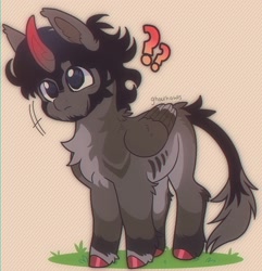 Size: 1596x1658 | Tagged: safe, artist:ghoulhowls, derpibooru import, oc, oc:somber(ghoulhowls), alicorn, alicorn oc, chest fluff, chibi, colored hooves, colored horn, curved horn, ear fluff, ears, grass, head tilt, horn, kinsona, leonine tail, long tail, male, patterned background, question mark, solo, sombra horn, tail, wings