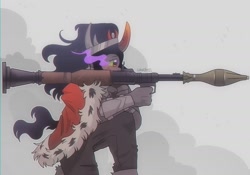 Size: 2048x1430 | Tagged: safe, artist:ghoulhowls, derpibooru import, king sombra, anthro, armor, cape, clothes, jewelry, male, pants, regalia, rpg, rpg-7, simple background, smoke, solo, sombra eyes, weapon