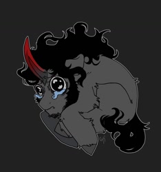 Size: 1194x1275 | Tagged: safe, artist:ghoulhowls, derpibooru import, king sombra, pony, unicorn, big eyes, crying, curled up, fetal position, gray background, horn, male, sad, simple background, solo, stallion, teary eyes