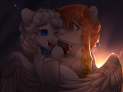 Size: 3340x2500 | Tagged: safe, artist:medkit, derpibooru import, oc, oc only, goo, pegasus, pony, big eyes, clothes, cloud, couple, dreadlocks, dreads, duo, eyes open, female, freckles, goo hair, happy, high res, hug, love, open mouth, paint tool sai 2, scarf, sketch, sky, smiling, spread wings, stars, sun, sunset, wings