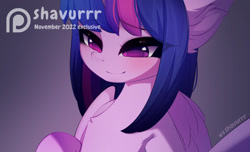 Size: 2355x1431 | Tagged: safe, artist:shavurrr, derpibooru import, twilight sparkle, twilight sparkle (alicorn), alicorn, pony, advertisement, ear fluff, ears, patreon, patreon preview, simple background, solo