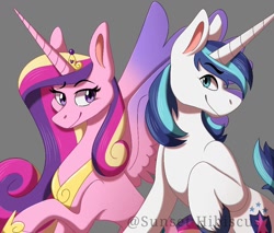 Size: 1030x876 | Tagged: safe, artist:jinxcherry, derpibooru import, princess cadance, shining armor, alicorn, pony, unicorn, colored wings, colored wingtips, crown, duo, duo male and female, eyebrows, eyebrows visible through hair, female, gradient wings, gray background, hoof shoes, jewelry, looking at you, male, mare, peytral, regalia, shiningcadance, shipping, signature, simple background, slim, smiling, smiling at you, spread wings, stallion, straight, thin, wings
