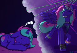 Size: 2300x1600 | Tagged: safe, artist:passionpanther, derpibooru import, oc, oc only, alicorn, unicorn, dancing, dream, eyes closed, female, glowstick, mare, night, open mouth, party, rave, sleeping, solo