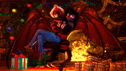 Size: 3840x2160 | Tagged: safe, derpibooru import, oc, anthro, human, plantigrade anthro, pony, 3d, christmas, christmas tree, couple, fire, fireplace, holiday, humanized, love, photo, present, source filmmaker, tree