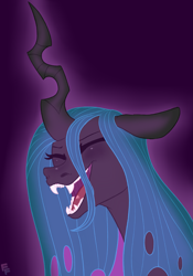 Size: 2793x4000 | Tagged: safe, artist:ponykittenboi, derpibooru import, queen chrysalis, changeling, blushing, eyes closed, female, laughing, open mouth, outline, purple background, scene interpretation, screencap reference, signature, simple background, smiling, solo, teeth, tongue, tongue out, watermark