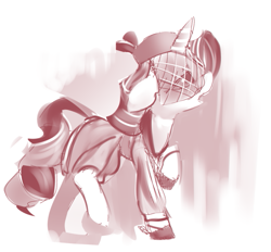 Size: 625x579 | Tagged: safe, artist:applepost67, derpibooru import, rarity, pony, unicorn, clothes, dress, female, hat, mare, monochrome, redscale, simple background, solo, veil, white background