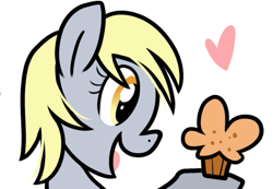 Size: 597x414 | Tagged: safe, artist:paperbagpony, derpibooru import, derpy hooves, floating heart, food, heart, muffin, simple background, white background