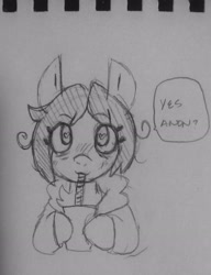 Size: 2442x3178 | Tagged: artist needed, safe, derpibooru import, oc, oc only, oc:floor bored, earth pony, pony, /mlp/, clothes, cup, dialogue, drink, drinking, drinking straw, female, grayscale, heart, heart eyes, hoodie, implied anon, looking at you, mare, monochrome, speech bubble, traditional art, wingding eyes