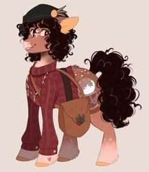 Size: 1168x1344 | Tagged: safe, artist:wanderingpegasus, derpibooru import, earth pony, pony, bag, beret, clothes, curly hair, curly mane, curly tail, hat, messenger bag, ponified, solo, sweater, tail