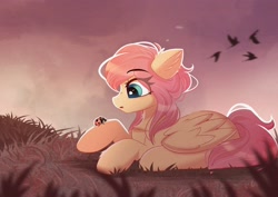 Size: 3508x2480 | Tagged: safe, artist:janelearts, derpibooru import, fluttershy, insect, ladybug, pony, lying down, prone, solo