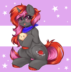 Size: 3447x3500 | Tagged: safe, derpibooru import, oc, oc:midnight blaze, unicorn, bread, commission, food, sitting