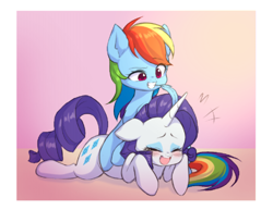 Size: 500x385 | Tagged: safe, artist:sleepysheepytea, derpibooru import, rainbow dash, rarity, pegasus, pony, unicorn, duo, horn tickling, lowres, tickling