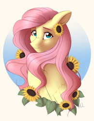 Size: 1280x1647 | Tagged: safe, artist:souladdicted, derpibooru import, fluttershy, pegasus, pony, bust, female, flower, flower in hair, looking at you, mare, portrait, solo, sunflower