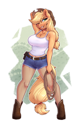 Size: 2208x3508 | Tagged: safe, artist:dandy, derpibooru import, edit, applejack, anthro, earth pony, unguligrade anthro, abs, applerack, arm behind head, armpits, bare shoulders, belly button, belt, belt buckle, big breasts, boots, breasts, chest fluff, chest freckles, cleavage, clothes, cowboy boots, cowboy hat, denim, denim shorts, ear fluff, ears, female, freckles, green eyes, grin, hair tie, hat, high res, jeans, looking at you, mare, one eye closed, pants, pantyhose, rope, shoes, shorts, sleeveless, smiling, smirk, solo, stetson, stupid sexy applejack, sweat, tanktop, wink