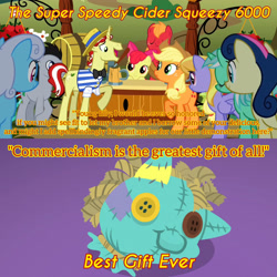 Size: 3072x3072 | Tagged: safe, derpibooru import, edit, edited screencap, editor:itsmgh1203, screencap, apple bloom, applejack, big macintosh, bon bon, cloud kicker, flim, lyra heartstrings, sweetie drops, earth pony, pegasus, pony, unicorn, best gift ever, season 2, the super speedy cider squeezy 6000, apple bloom's bow, applejack's hat, bow, clothes, cowboy hat, doll, eyes closed, female, filly, foal, hair bow, hat, male, mare, open mouth, open smile, smiling, stallion, text, toy