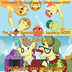 Size: 3072x3072 | Tagged: safe, derpibooru import, edit, edited screencap, editor:itsmgh1203, screencap, apple bloom, applejack, big macintosh, flam, flim, granny smith, earth pony, pony, unicorn, best gift ever, season 2, the super speedy cider squeezy 6000, apple bloom's bow, applejack's hat, bow, brothers, clothes, cowboy hat, female, filly, flim flam brothers, foal, hair bow, hat, identical twins, male, mare, open mouth, open smile, siblings, smiling, stallion, text, twin brothers, twins