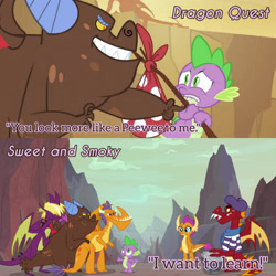 Size: 3072x3072 | Tagged: safe, derpibooru import, edit, edited screencap, editor:itsmgh1203, screencap, fume, garble, smolder, spear (dragon), spike, dragon, dragon quest, season 2, season 9, sweet and smoky, spoiler:s09, bindle, clump, female, grin, lip bite, male, open mouth, open smile, smiling, text, winged spike, wings