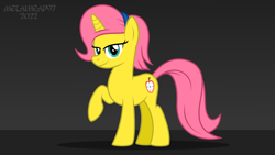 Size: 8000x4500 | Tagged: safe, derpibooru import, oc, oc:golden blush, unicorn, commission, cutie mark, gradient background, lidded eyes, looking at you, pink mane, pink tail, presenting, raised hoof, raised leg, smiling, smiling at you, standing, tail