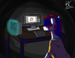 Size: 3000x2300 | Tagged: safe, artist:bosscakes, derpibooru import, oc, oc:bosscakes, earth pony, clothes, computer, dark room, drawing tablet, shirt, solo, table