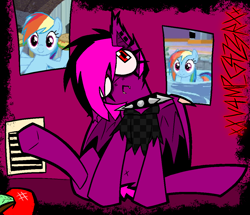 Size: 1084x933 | Tagged: safe, artist:xxv4mp_g4z3rxx, derpibooru import, rainbow dash, oc, oc only, oc:violet valium, bat pony, pony, apple, bat pony oc, clothes, collar, dilated pupils, emo, food, hoodie, looking up, red eyes, solo, spiked collar, spread wings, wings